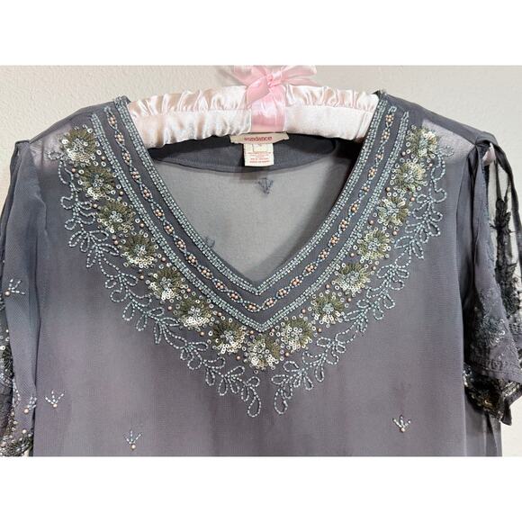 Sundance beaded tunic sheer gray short split sleeves beaded neck cuffs hem Sz S - Picture 2 of 11